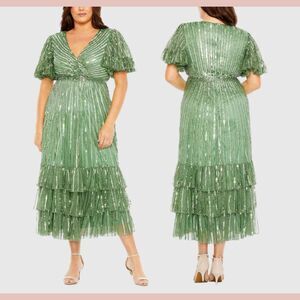 NWT Mac Duggal [ 14W ] 5785 Sequin Faux Wrap Flutter Sleeve Ruffle Dress  Sage‎